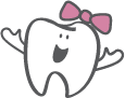 A smiling cartoon tooth with a pink bow on its crown